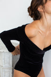 FLAIR BODYSUITS BODY GABRIELLE NOIR VELOURS DECOLLETE CACHE COEUR MADE IN FRANCE TROYES VIRGINIE EFIRA MANCHES LONGUES